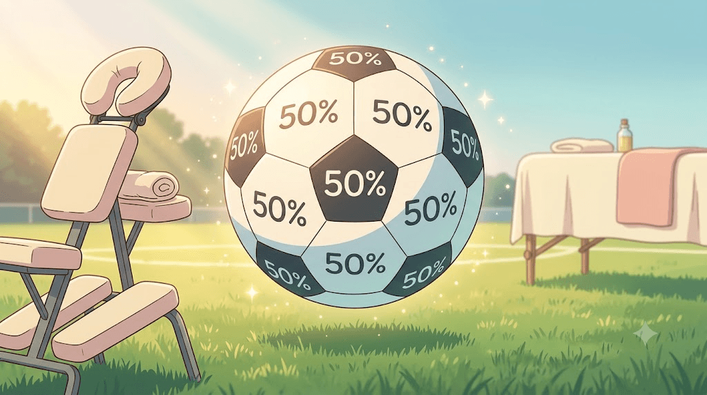Pastel anime scene: soccer ball with 50% panels floating between a massage chair and a draped massage table on a grassy field